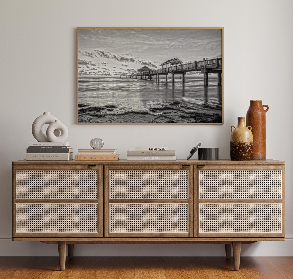 Clearwater Beach Pier Over Ocean Sunset Black and White Poster - Image 4