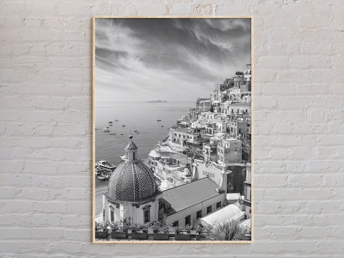 Positano Amalfi Coast Italy Black and White Coastal Town Photo Poster
