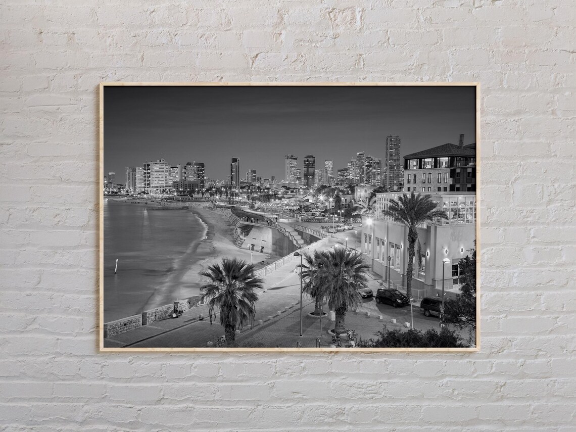 Tel Aviv Israel Beach Skyline Black And White Night Photo Poster