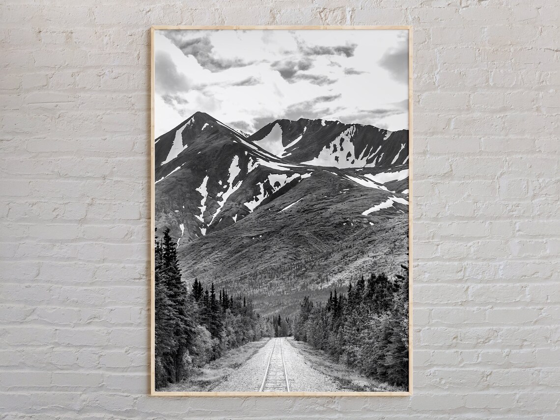 Black And White Alaska Snowy Mountains Railway Tracks Wild Photo Poster