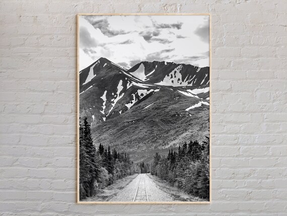 Black And White Alaska Snowy Mountains Railway Tracks Wild Photo Poster