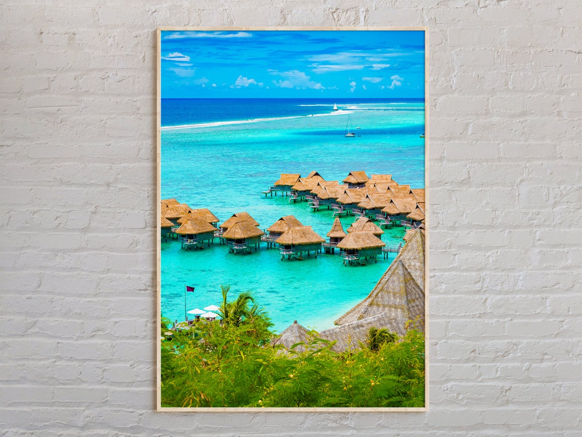 Overwater Bungalow Resort Turquoise Lagoon Aerial Tropical Art Poster
