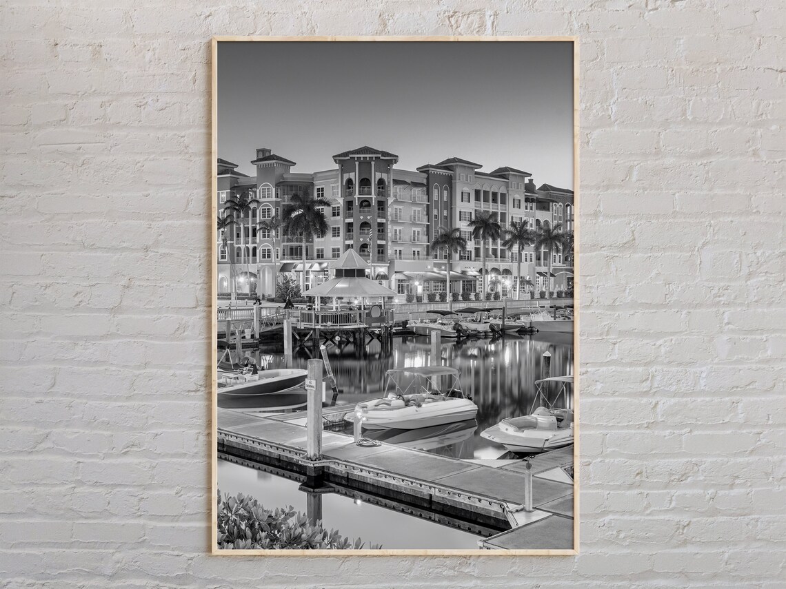 Naples Marina at Dusk Black and White Boats on Water Travel Poster