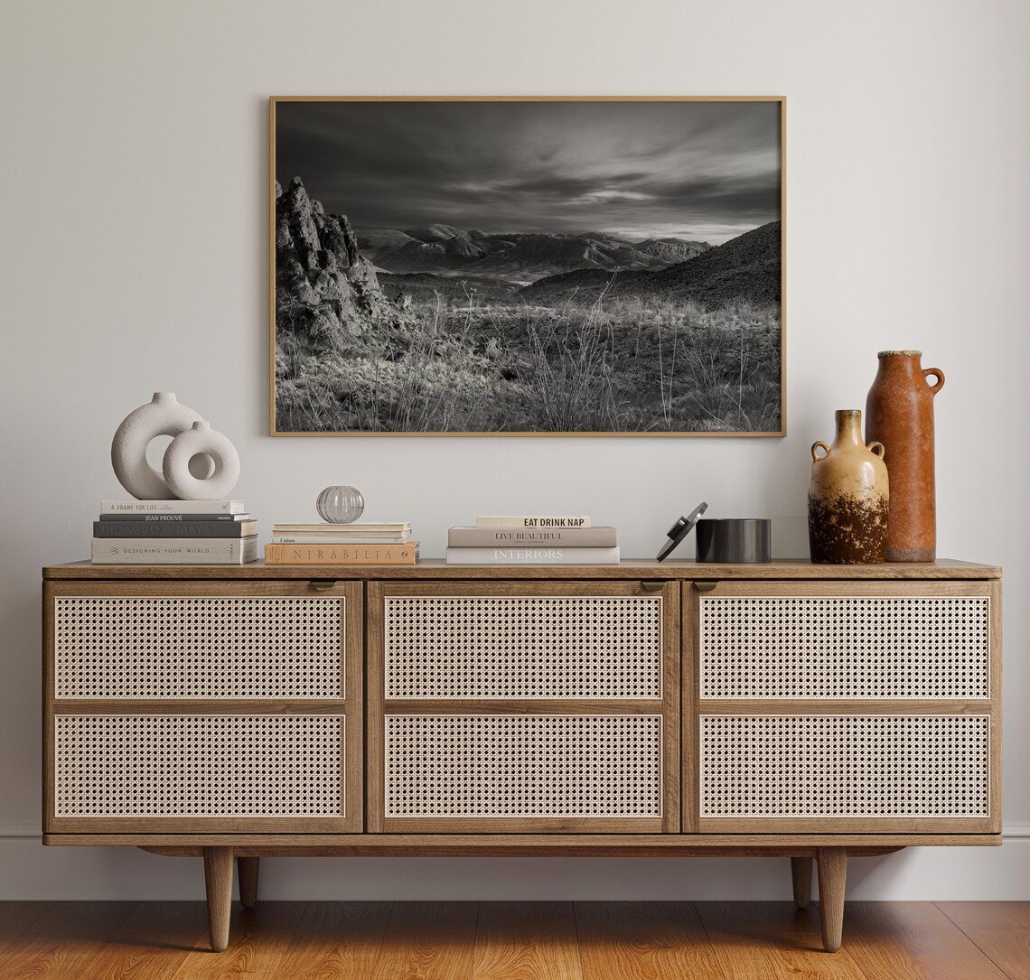 Big Bend Desert Mountains and Stormy Clouds Black White Landscape Poster - Image 4