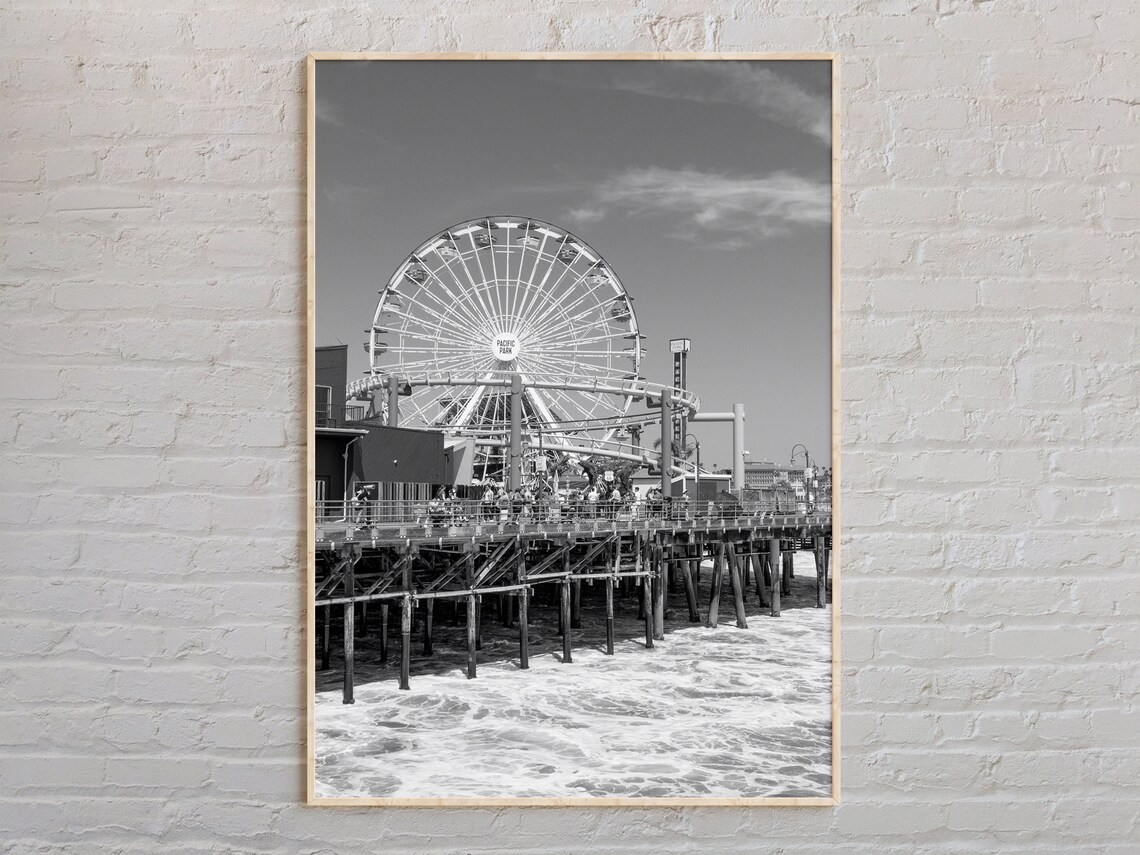 Santa Monica Pier Ferris Wheel Black And White Beach Photo Poster