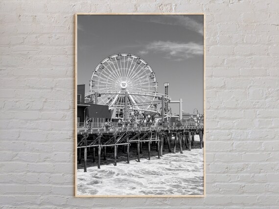 Santa Monica Pier Ferris Wheel Black And White Beach Photo Poster