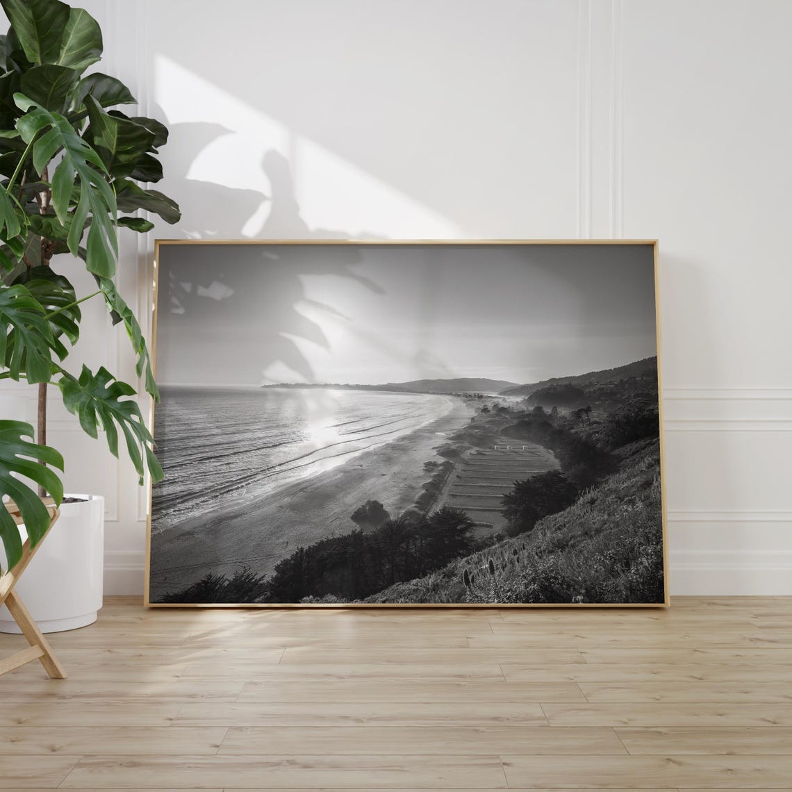 Stinson Beach Sunny Coastline from Hillside Black and White Poster - Image 2