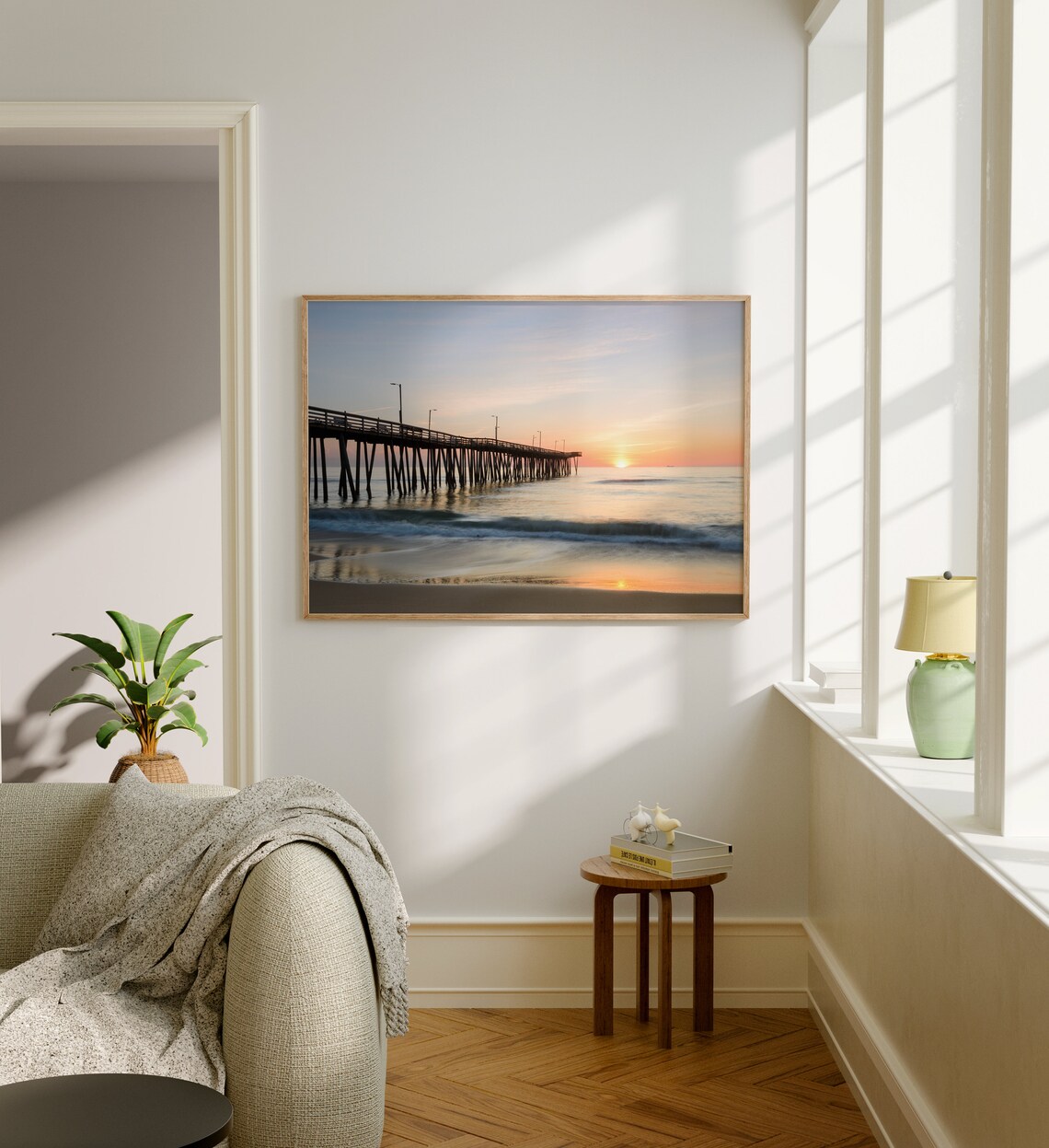 Virginia Beach Wooden Pier Serene Golden Sunset Ocean Photo Poster - Image 5