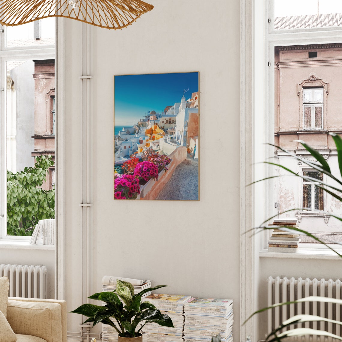 Santorini Oia Whitewashed Alley with Pink Bougainvillea Poster - Image 3