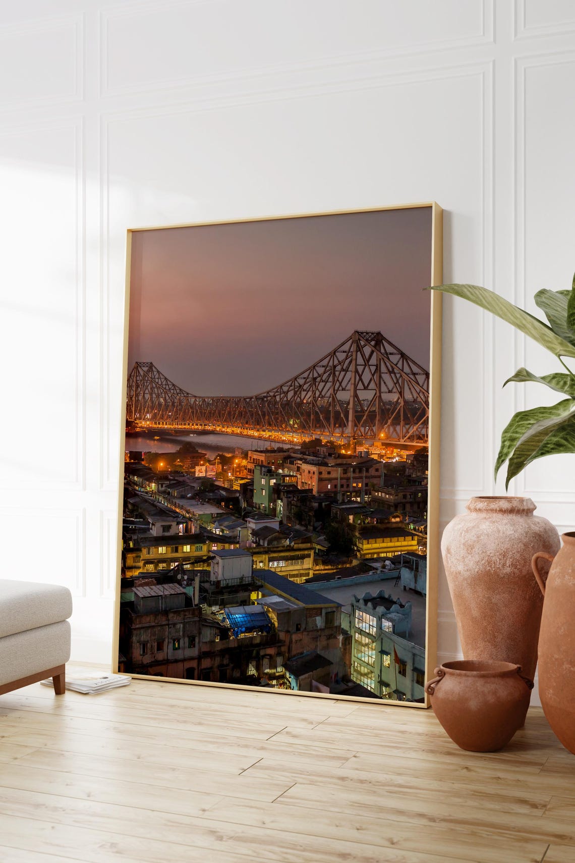 Kolkata India Howrah Bridge Illuminated At Dusk Landscape Poster - Image 2