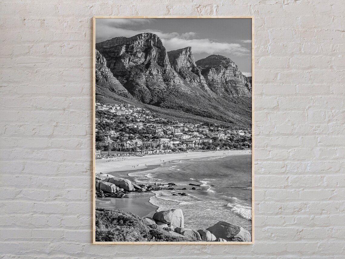 Cape Town Beach Black and White Coastal Mountains South Africa Print
