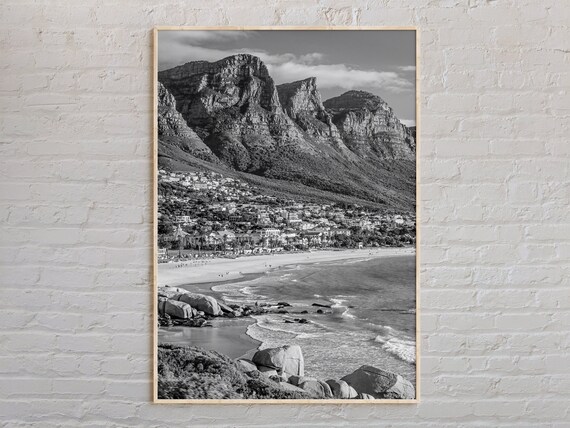 Cape Town Beach Black and White Coastal Mountains South Africa Print
