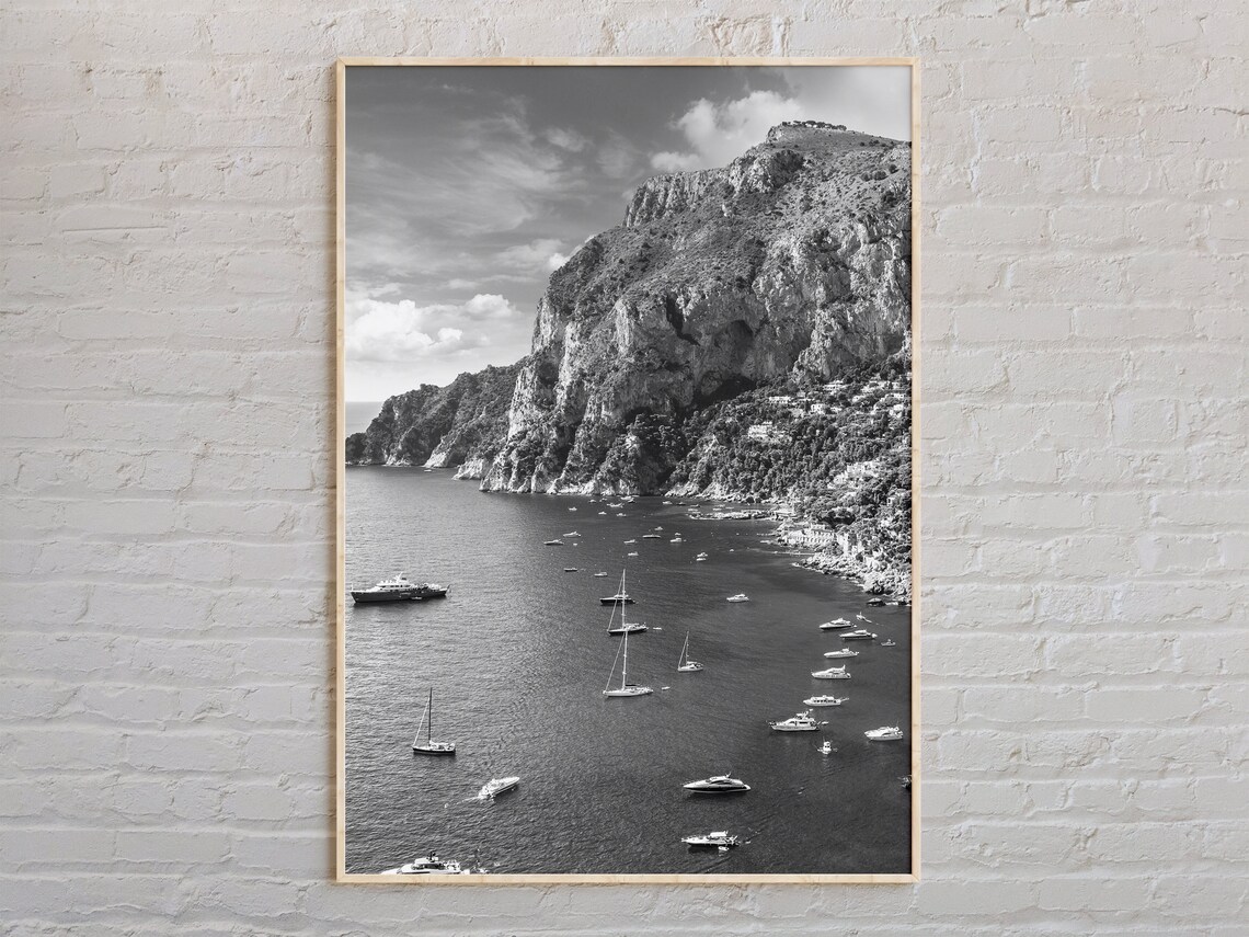 Capri Coastline Cliffs Boats Italian Black And White Photo Poster