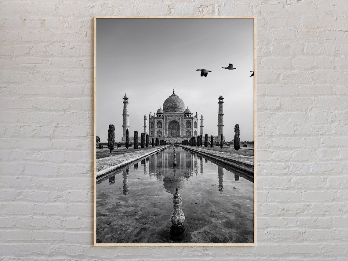 Taj Mahal India Black and White Reflection Photography Art Poster
