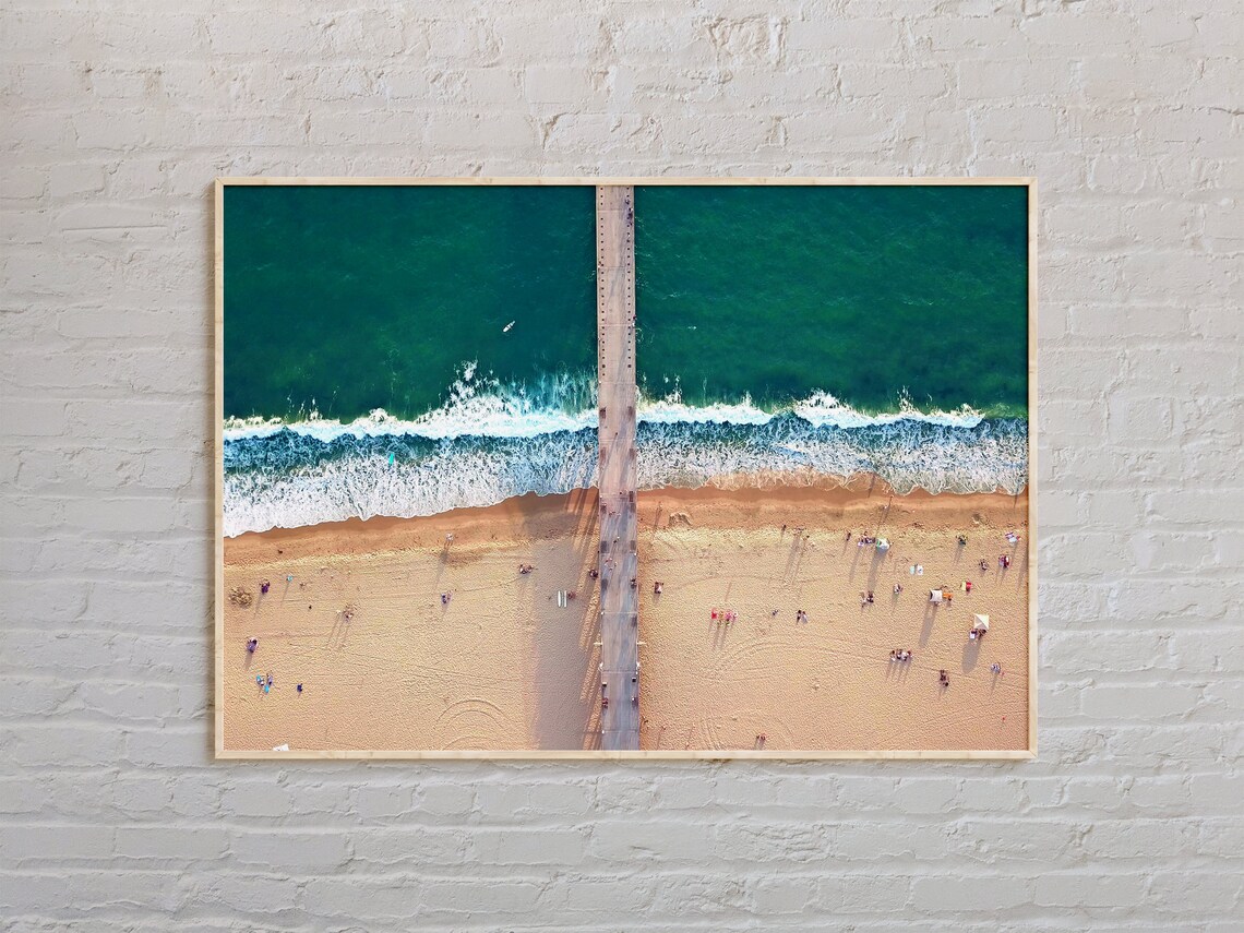 Aerial Surf Pier Over Turquoise Waves Golden Sand Photo Poster