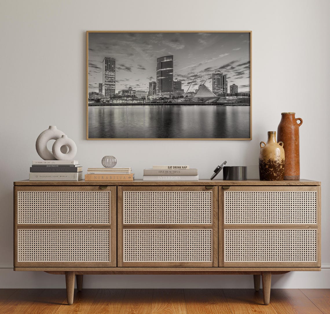 Milwaukee Lakefront Skyline Black and White Art Museum Dusk Poster - Image 4