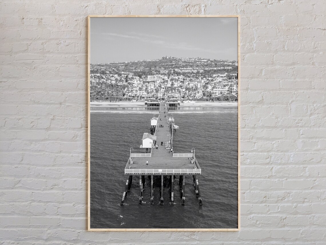 San Clemente Pier Aerial Black and White Beach Surf Photo Poster
