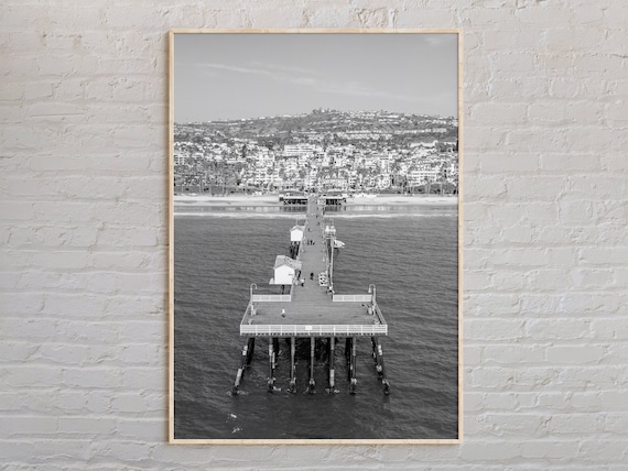 San Clemente Pier Aerial Black and White Beach Surf Photo Poster