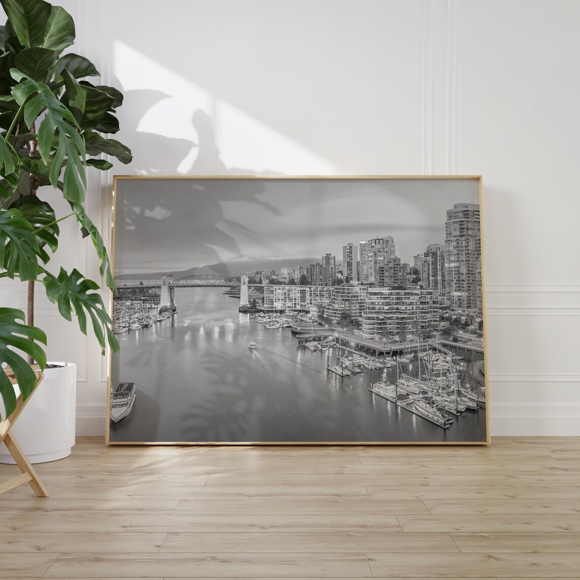 Vancouver False Creek Waterfront Black and White Skyline Marina Poster - Image 2