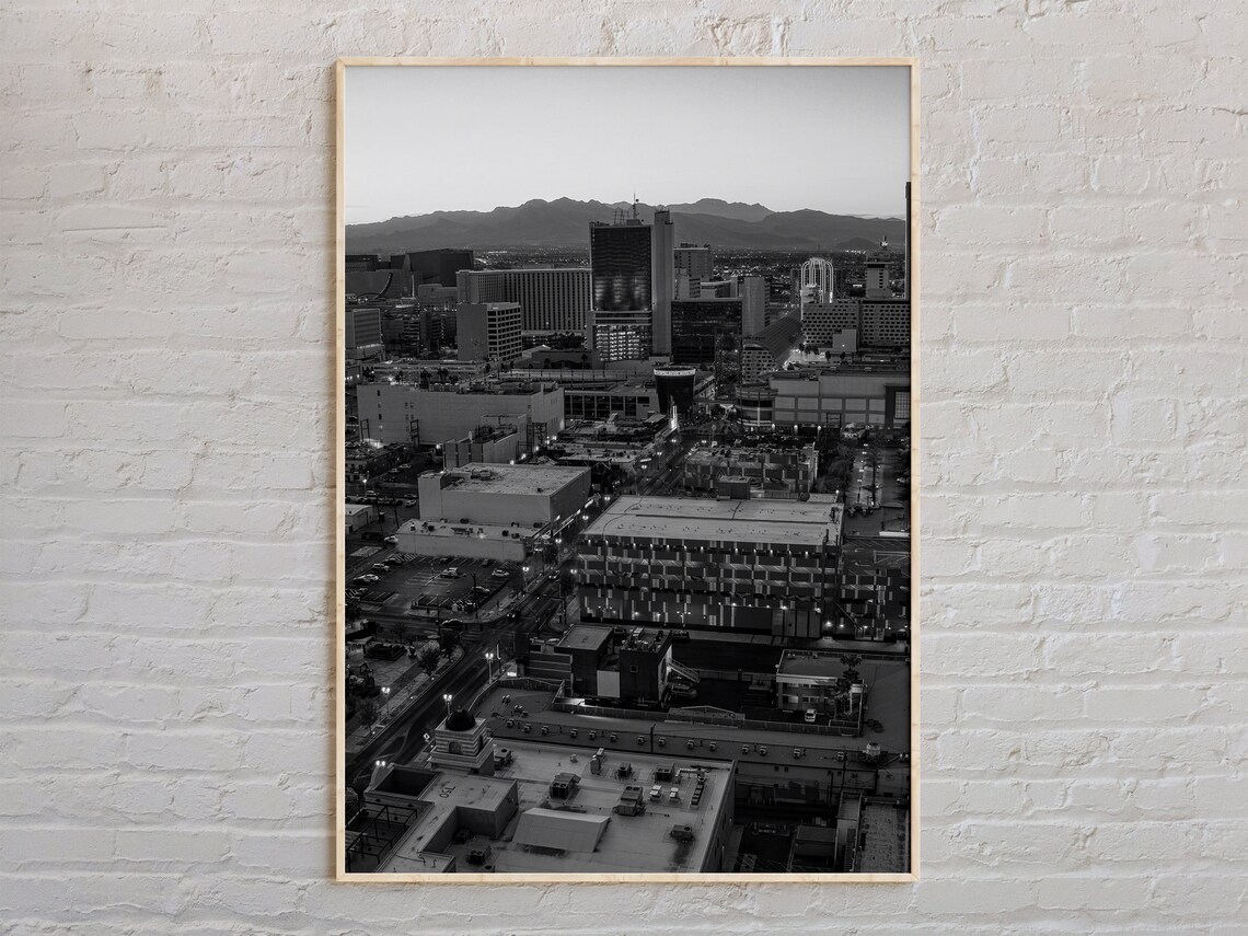 Las Vegas Nevada Aerial Cityscape With Mountains Black And White Poster
