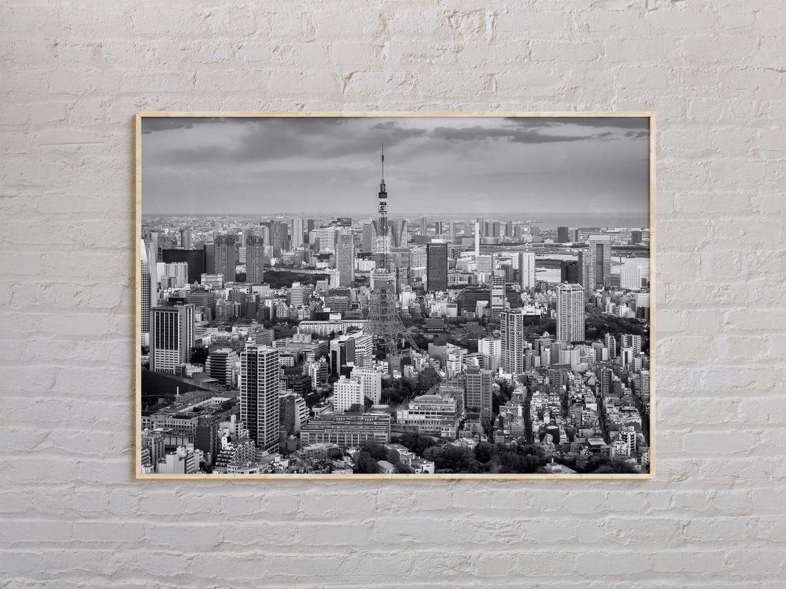 Black And White Tokyo Tower City Skyline Panoramic Photo Poster