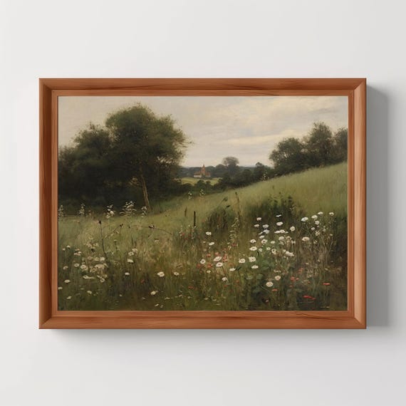 Countryside Meadow Vintage Spring Landscape Green Field Nature Painting Moody Wall Art Village Church