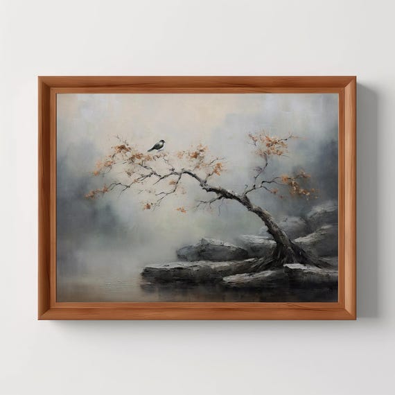 Muted Bird Painting Moody Autumn Tree Landscape Vintage Canvas Artwork Nature Art Print
