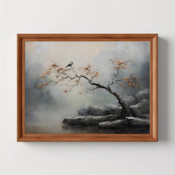 Perched Bird on Autumn Tree Misty Moody Nature Painting Poster