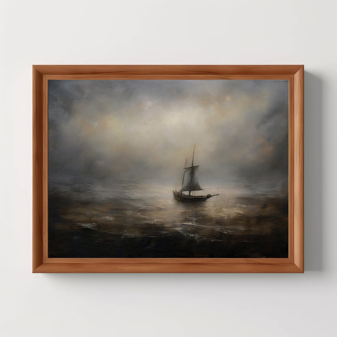 Lone Sailboat On Misty Sea Dark Nautical Oil Painting Wall Art