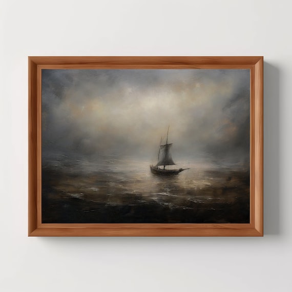 Lone Sailboat On Misty Sea Dark Nautical Oil Painting Wall Art