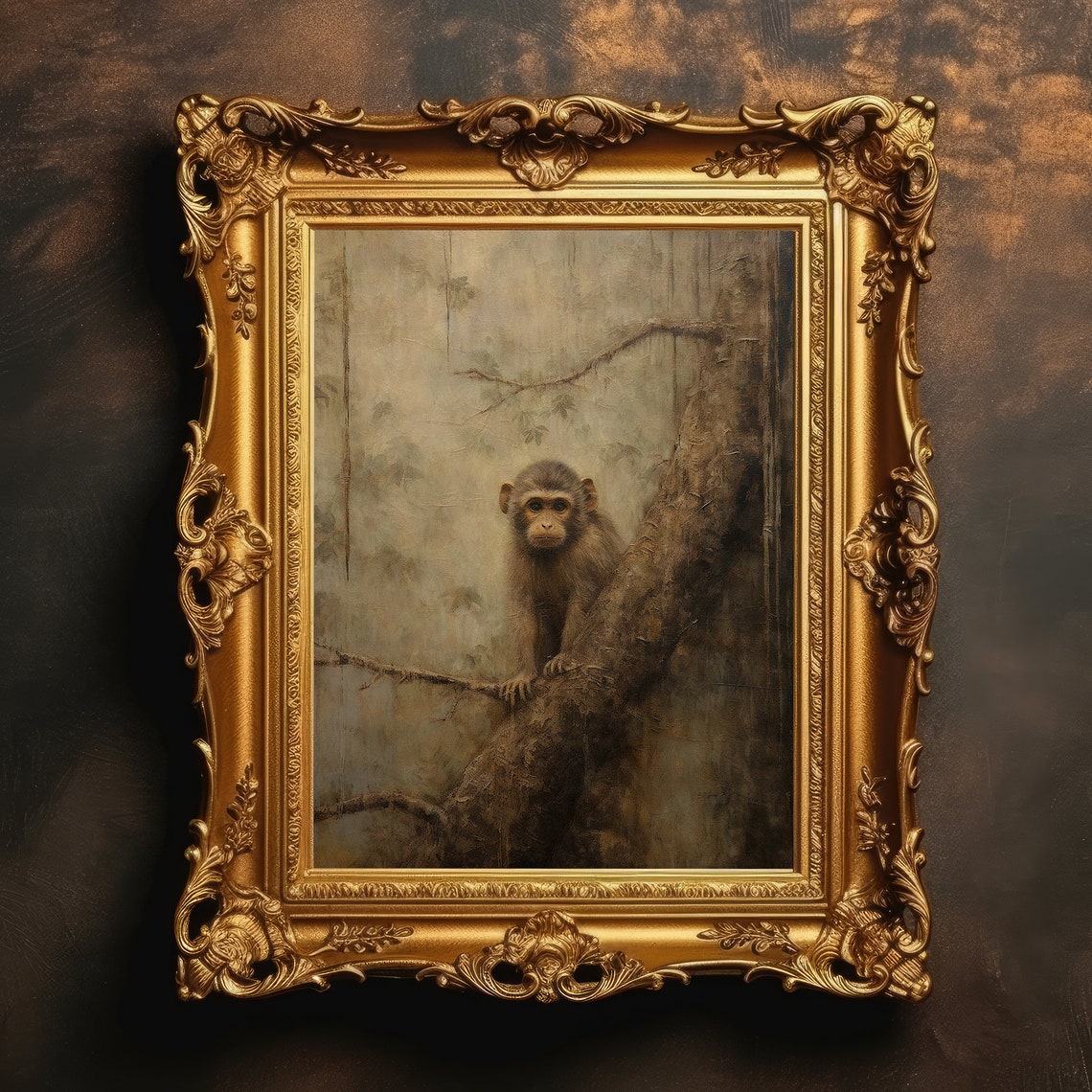Monkey Perched on Tree Branch Moody Vintage Wildlife Art Poster