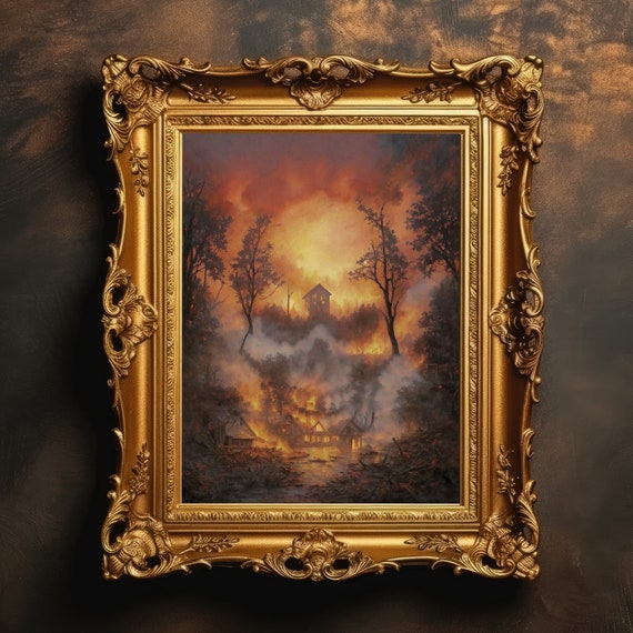 Skull Town On Fire Subliminal Image Spooky Horror Decor Halloween Art Antique Oil Painting Vintage Print