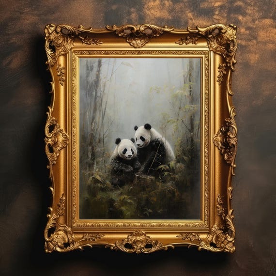 Pandas In Bamboo Forest Landscape Vintage Oil Painting Moody Art Print Muted Animal Wall Scene