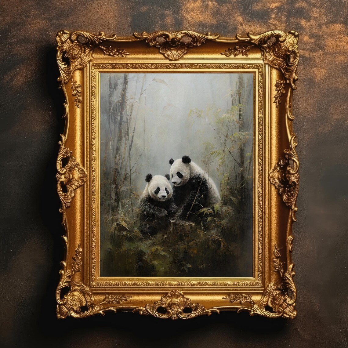 Panda Pair Bamboo Forest Moody Vintage Oil Painting Art Print