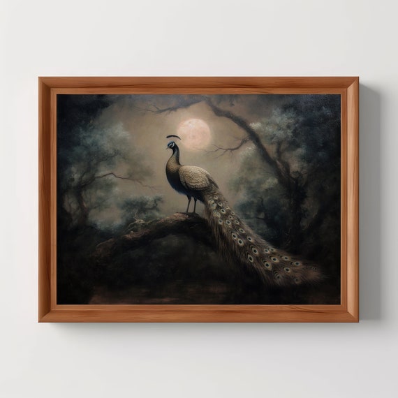 Peacock Dark Academia Antique Oil Painting Vintage Animal Wall Decor French Country