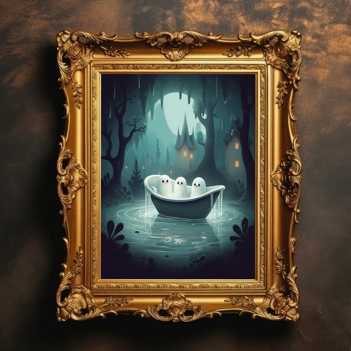 Three Ghosts in Bathtub Under Full Moon Spooky Cute Halloween Poster
