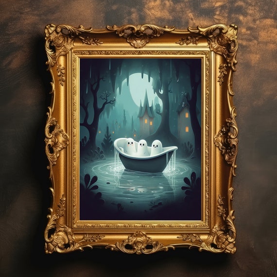 Cute Ghosts Bathtub Halloween Decor Bathroom Print Dark Academia Art Poster Spooky Wall