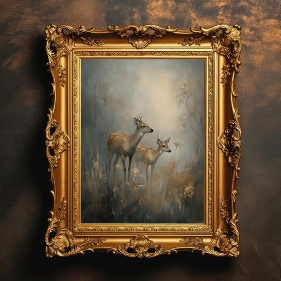 Whitetail Deer Art Rustic Home Decor Original Wildlife Painting Misty Forest Scene Moody Nature Wall