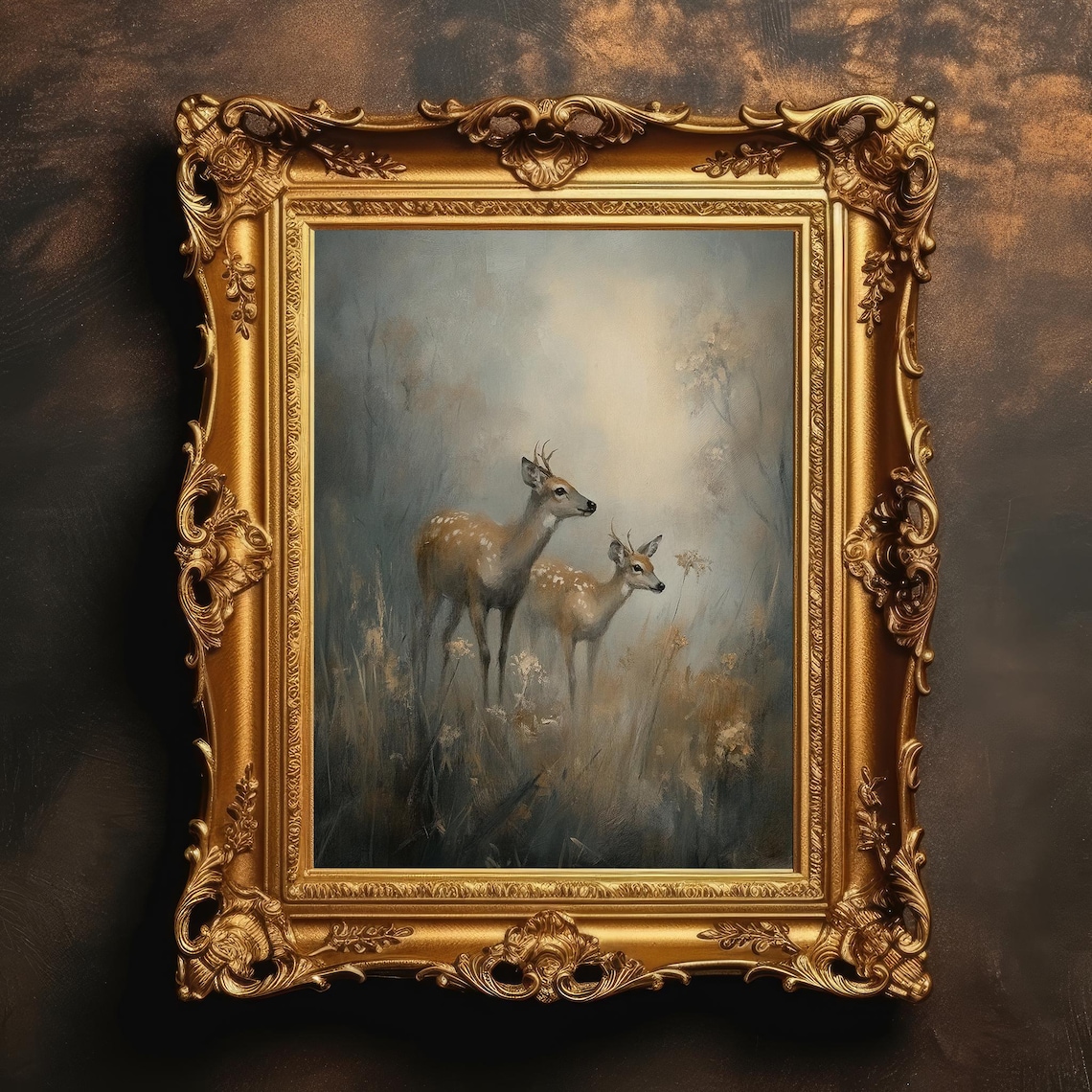 Two Young Deer In A Misty Golden Meadow Wildlife Painting Poster