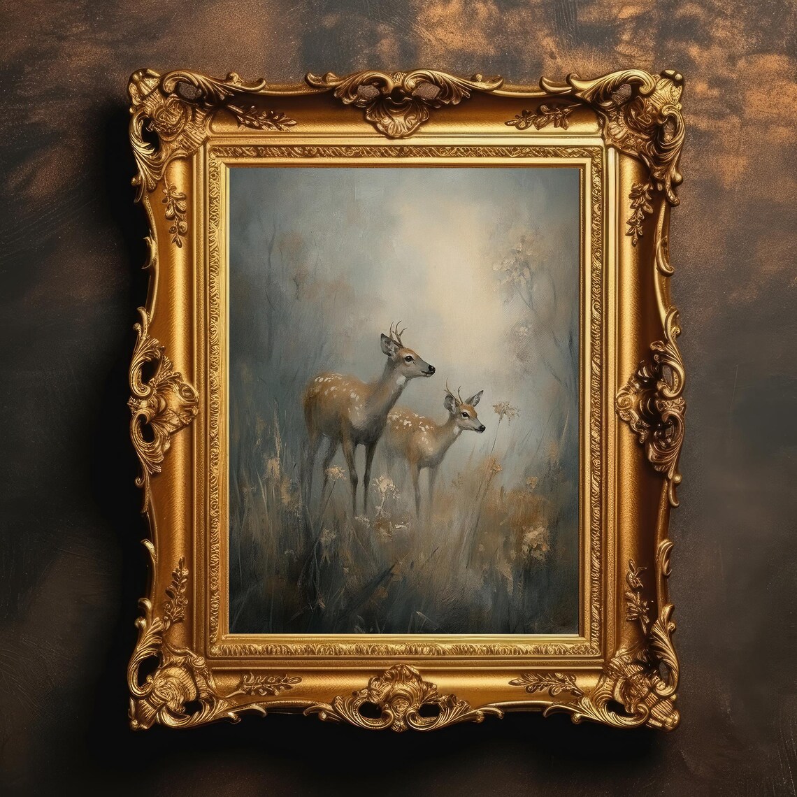 Whitetail Deer Art Rustic Home Decor Original Wildlife Painting Misty Forest Scene Moody Nature Wall