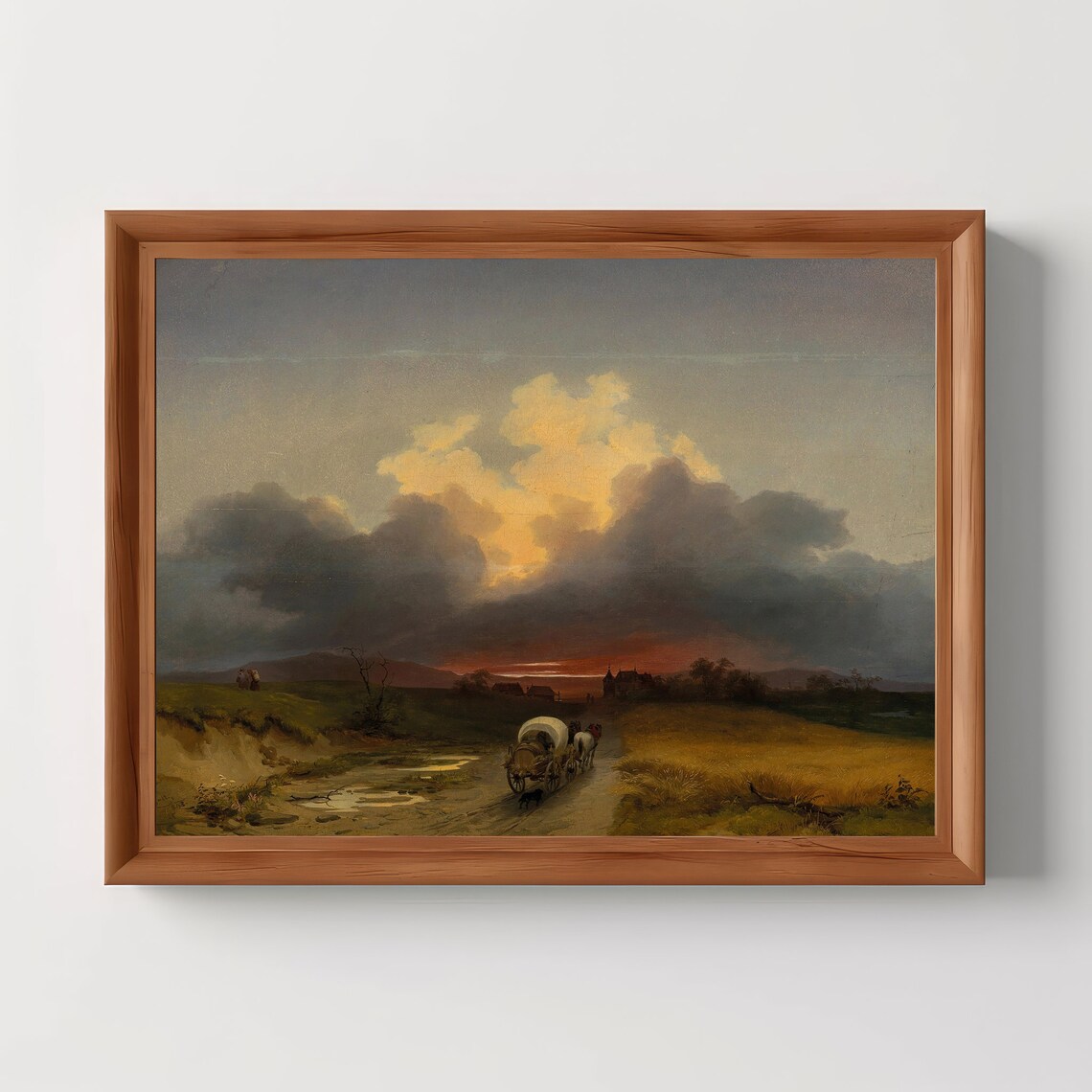 Covered Wagon Country Road Sunset Vintage Oil Painting Print