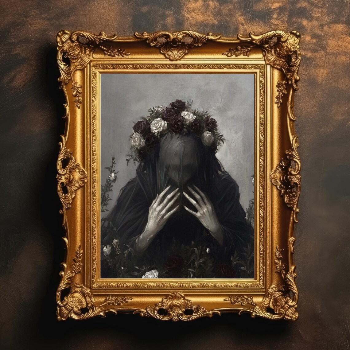 Veiled Woman With Rose Crown Dark Academia Gothic Painting Poster