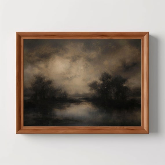 Rustic Moody Landscape Vintage Trees Painting Farmhouse Art Print Dark Clouds Wall Antique Room Decor