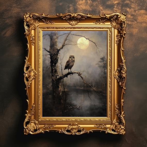 Owl on Moonlit River Branch Dark Academia Vintage Forest Painting Poster