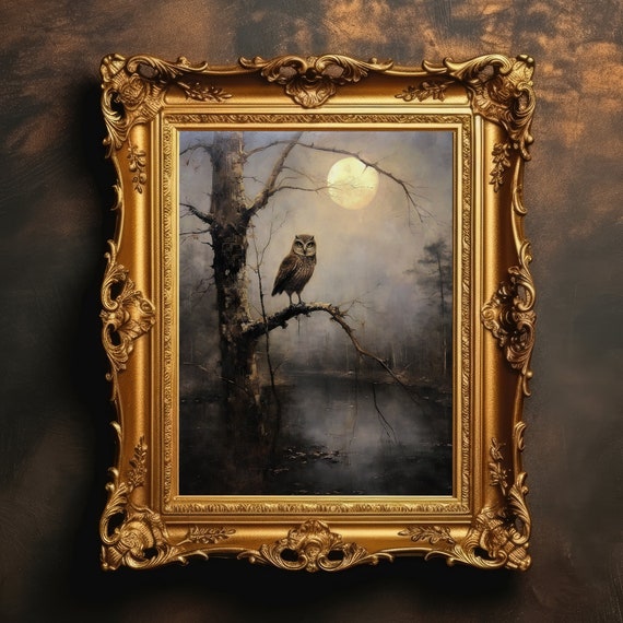 Owl River Tree Moonlight Dark Academia Print Vintage Antique Oil Painting Forestcore Wall Art
