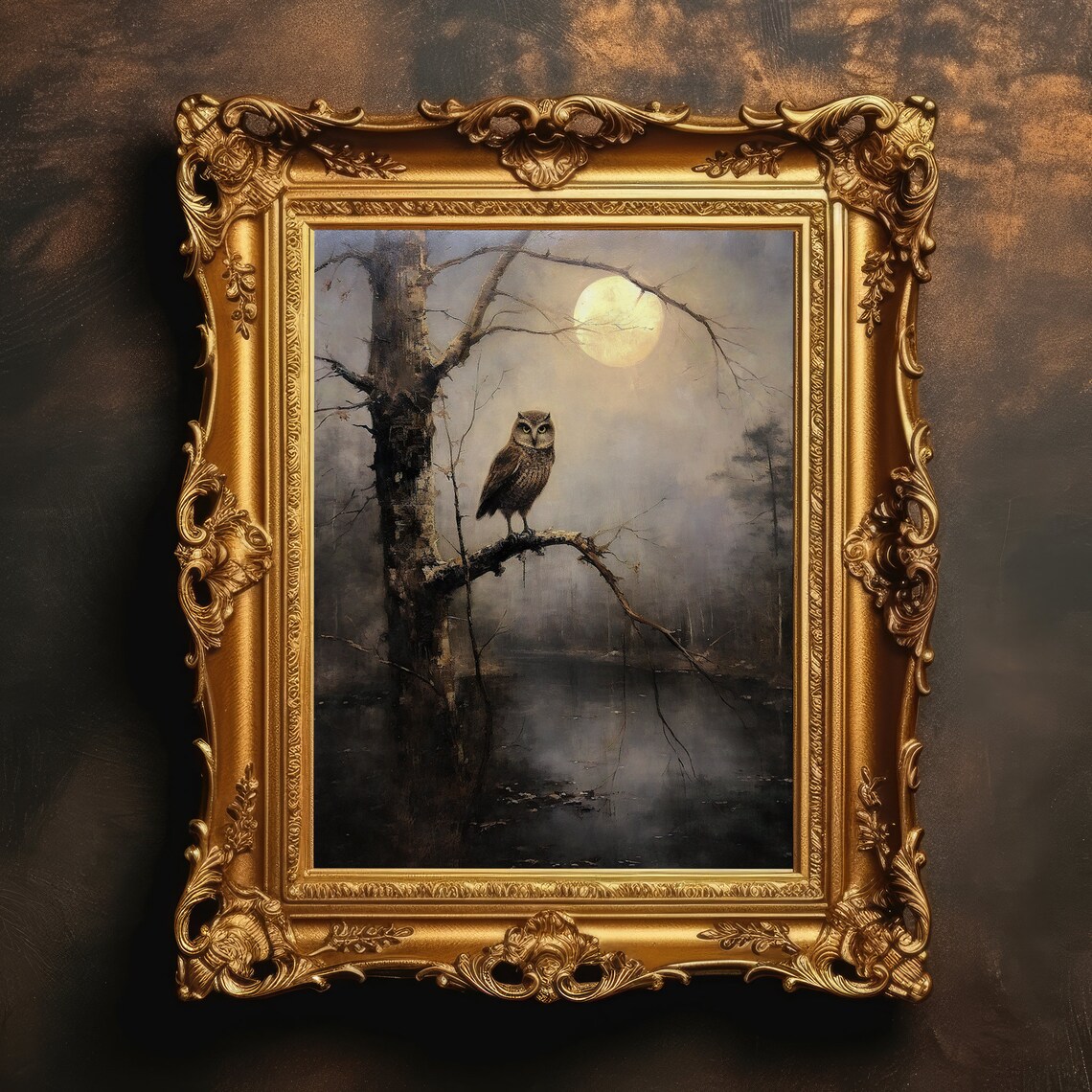 Owl on Moonlit River Branch Dark Academia Vintage Forest Painting Poster