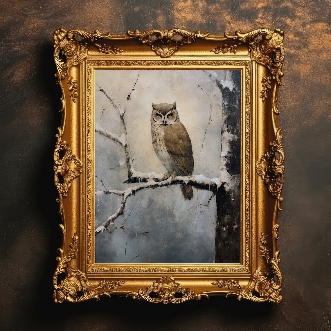 Winter Owl Snow Tree Landscape Vintage Art Print