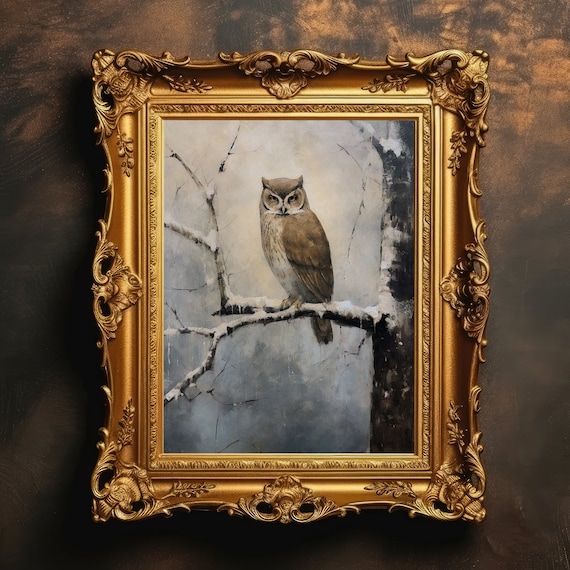 Winter Owl Snow Tree Landscape Vintage Art Print