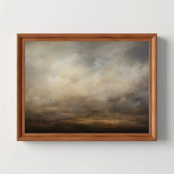 Vintage Abstract Cloud Painting Neutral Muted Country Farmhouse Wall Decor Ethereal Nature Art Moody