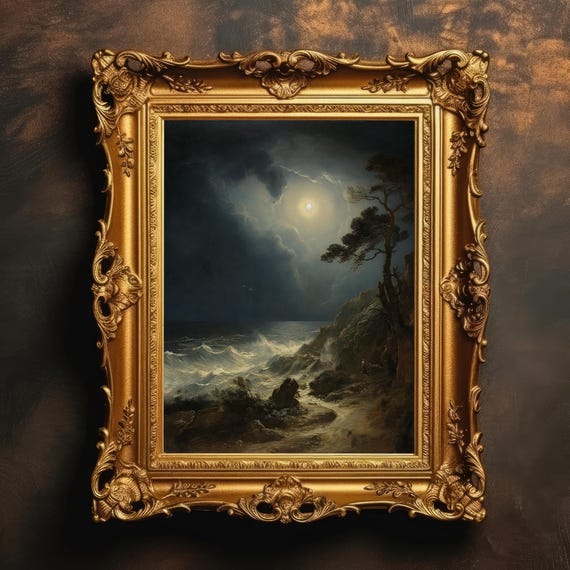 Moonlit Coast Dark Ocean Painting Vintage Landscape Academia Seaside Decor Moody Wall Art